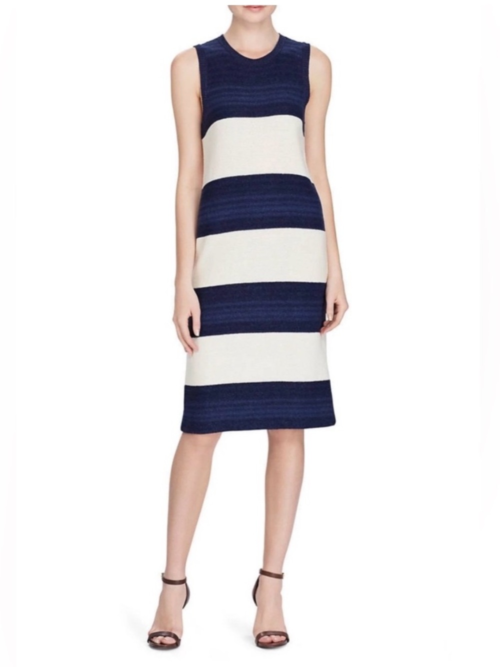 Lauren Ralph Lauren Navy & Cream Sleeveless Striped Jersey Shift Knit Midi Dress